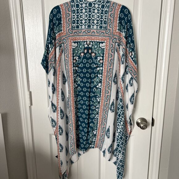 Angie Oversized Kimono Cover-Up One Size Colorful Bohemian Layering Blue White - Picture 8 of 8